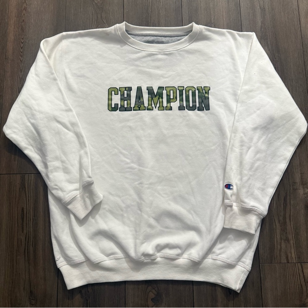 Champion White Crewneck Sweatshirt Camo Logo Men’s 1XL Reverse Weave Style